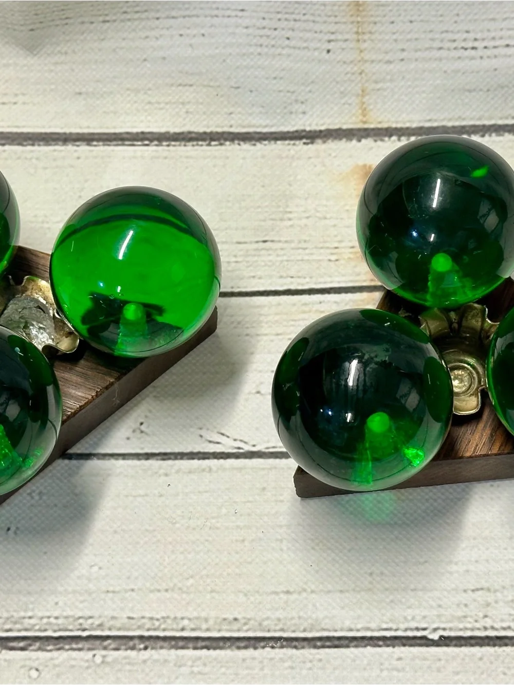 Vintage Green Lucite Atomic MCM Ball Candles & Holder Pair  Triangle Wood  Base